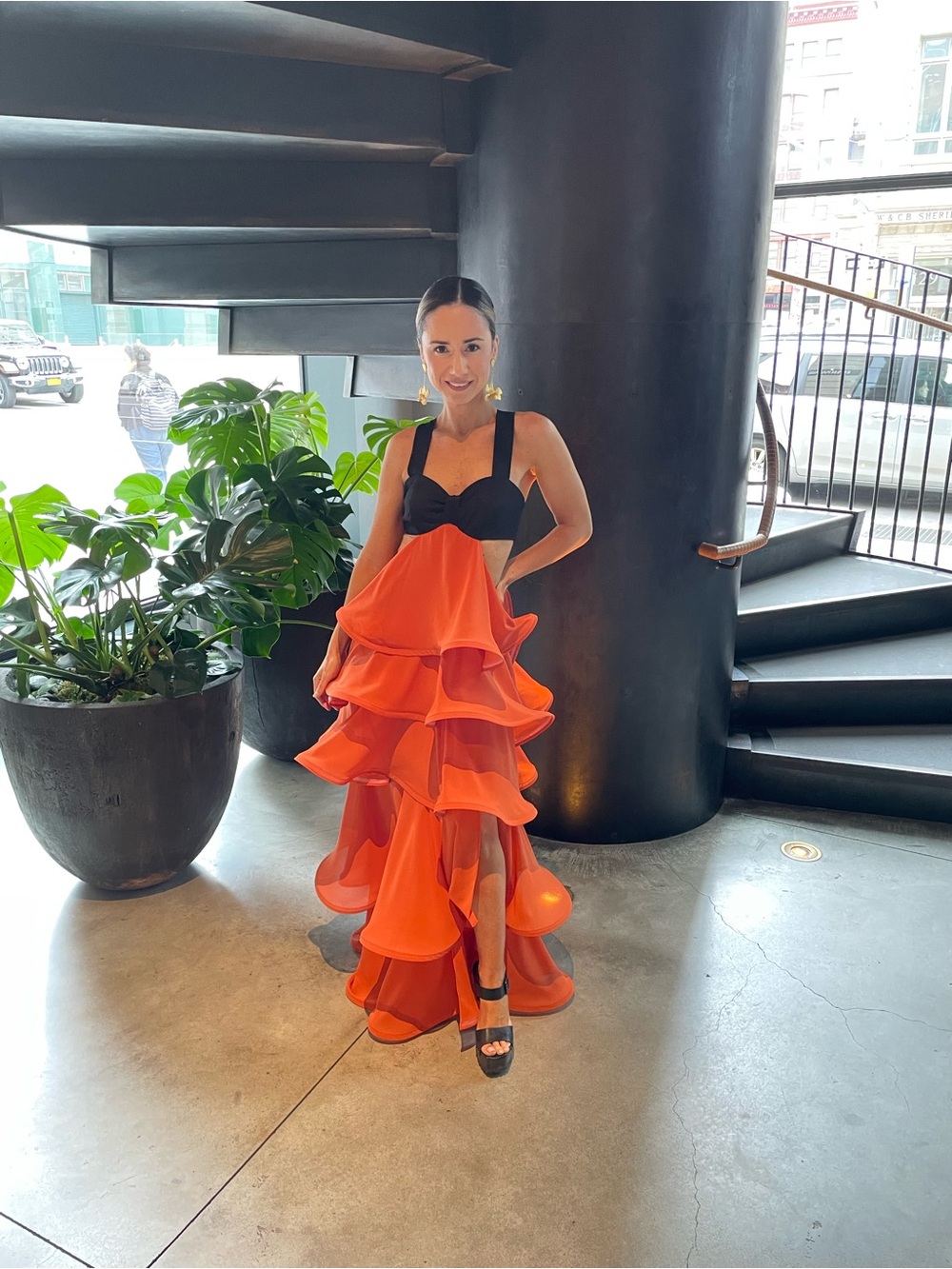 Black & Orange Ruffled Tiered Evening Dress